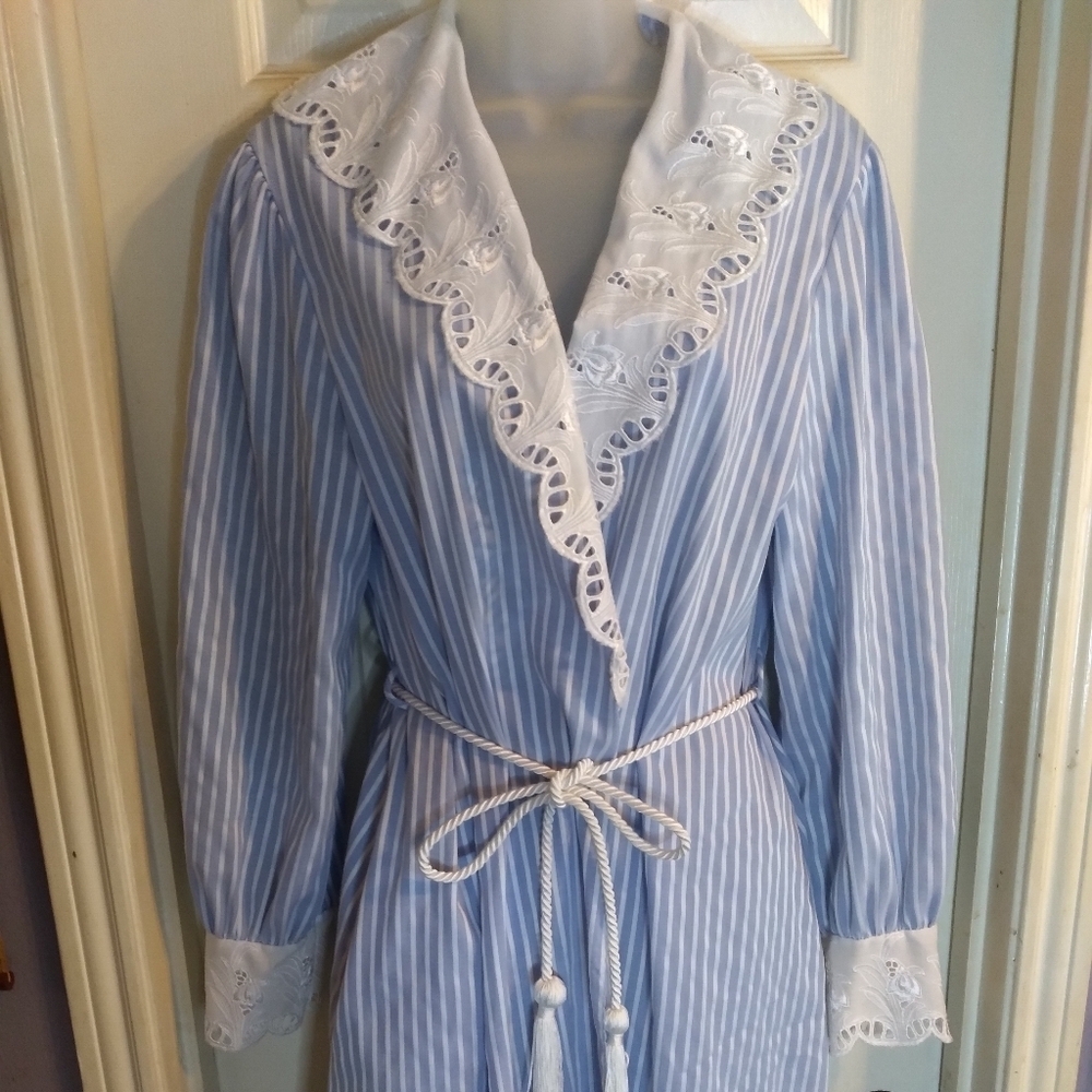 Alice Maloof robe Blue White Stripes Rope belt Sz L - Picture 1 of 11